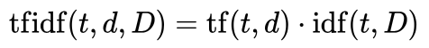 Equation for TF-IDF. t=term, d=individual document, D=corpus of all documents.